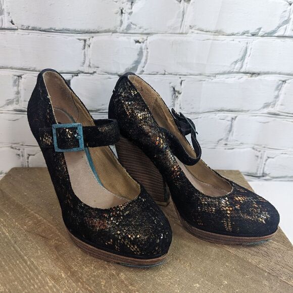 Feud Britannia Handmade shoes Snakeskin print chucky wedge style 6 mary janes - Picture 6 of 10